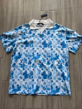 Blue Tie-Dye Logo Polo Shirt - Luxury Monogram Style (XL)